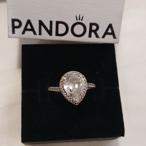 Pandora Silver Ring with Clear Teardrop Gem